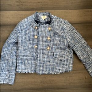 Anthropologie Maeve Blue Tweed Fringed Jacket Size 0P